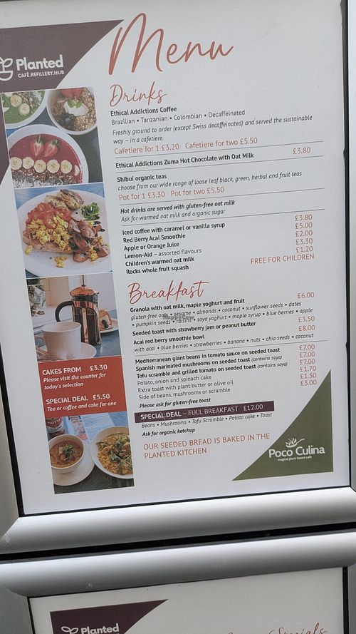 Menu at Planted Community Cafe, Refillery and Hub in Cheltenham