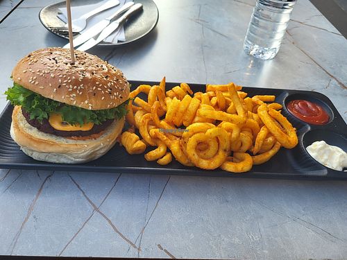 Cheeseburger mir veganer Käsesauce, Beyond Meat Patty und Curly Fries mit veganer Mayonnaise at HOT Restaurant Café in Berlin