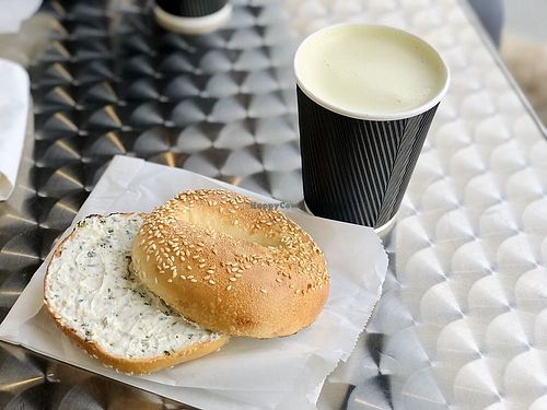 Vegan chive cream cheese + turmeric tea latte  at Bo's Bagels & Coffee in Huntington Beach