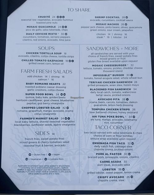 Menu with clearly labeled vegan options  at Mosaic Bar & Grille in Laguna Beach
