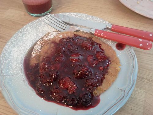 vegan homemade pancake with fresh berrysauce and a little touch of mint  at Die Zauberei in Bregenz