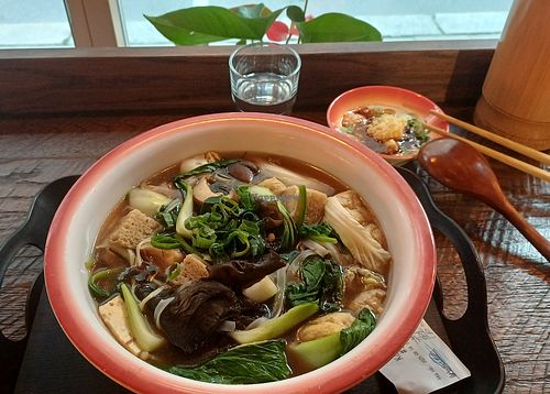 Big bowl of tofu, vegetables and black mushroom. They also have a sauce station. at Let's Malatang - hotpot in bowl in Stockholm