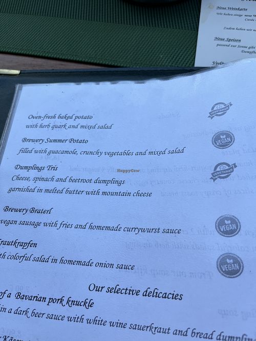 Vegan items clearly marked.  at Oberstdorfer Dampf Bier Brauerei in Oberstdorf