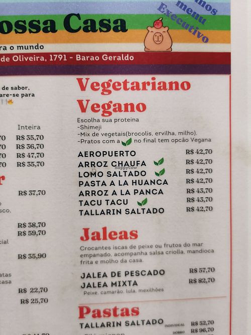 Vegan menu at Salsa Nossa Casa in Sao Paulo