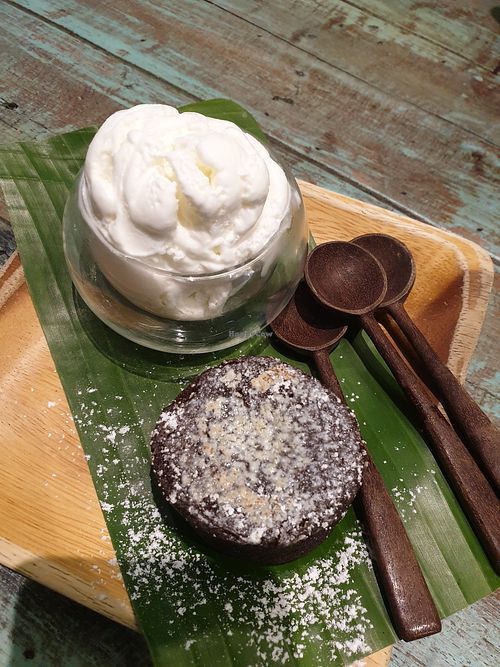 Vegan lava cake with coconut icecream at Mango in Bangkok