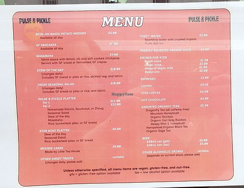 Menu Sept 2025 at Pulse and Pickle CIC in East London