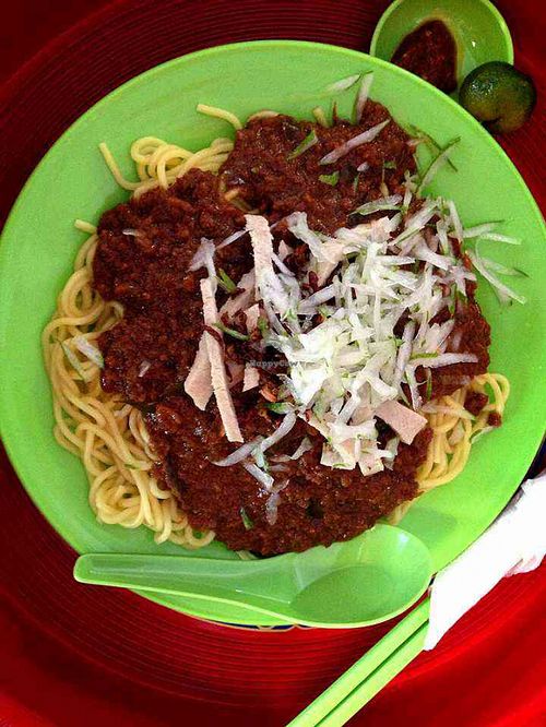 Indonesian vegetarian rojak noodles. The gravy made from peanut sauces with spices. One of the chef favorite foods. at Indo Vege in Kota Kinabalu