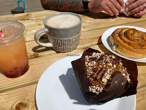 Oat milk, I had a fizzy orange and strawberry boba drink, Pecan and banana muffin which was delicious and a lemon and safflower bun which was again amazing    at Wyatts Cafe in Derby
