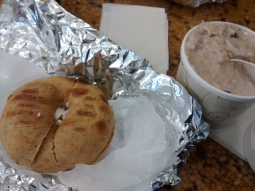 Bagel with cream tofu and almond milk oatmeal at Green Symphony in New York City