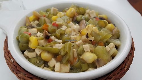 stew with mushroom, corn, tofu, and beans at Maruben Vegetariano in Bogota
