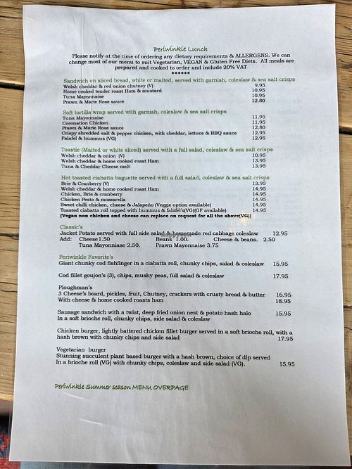 Menu page 1 at Periwinkle Bistro in Wales