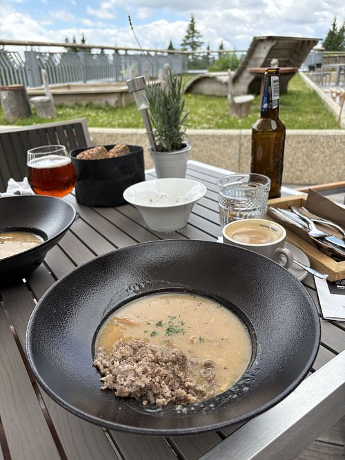 Mushroom soup with buckwheat mush and coffee with soy milkk  at Hotel-Restaurant Natura in Rogla