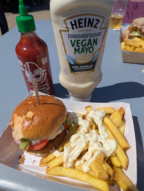 Jackfruit burger with vegan mayo at West Beach Cafe in Littlehampton