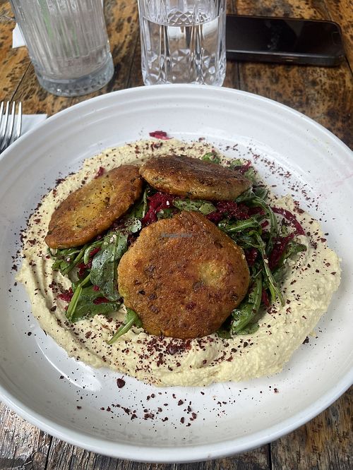 Hummus, chickpea kofta, beetroot and rocket salad, tahini dressing.   at Okka in Harpenden