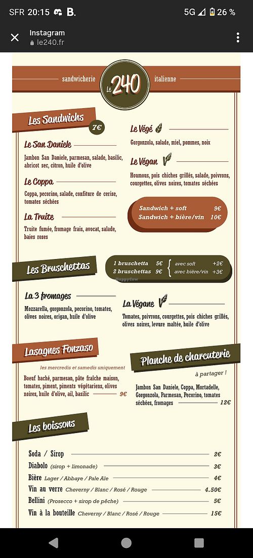 Menu at Le 240 in Neuilly Sur Marne