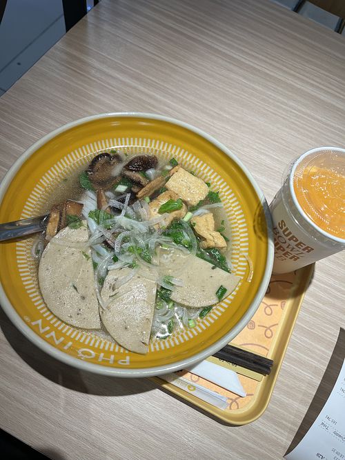 Yummy Vegetarian Pho + Orange juice for 179k. The add claimed that they have vegan Pho.   at PHO INN - SUPER BOWL, SUPER RIB in Hà Nội