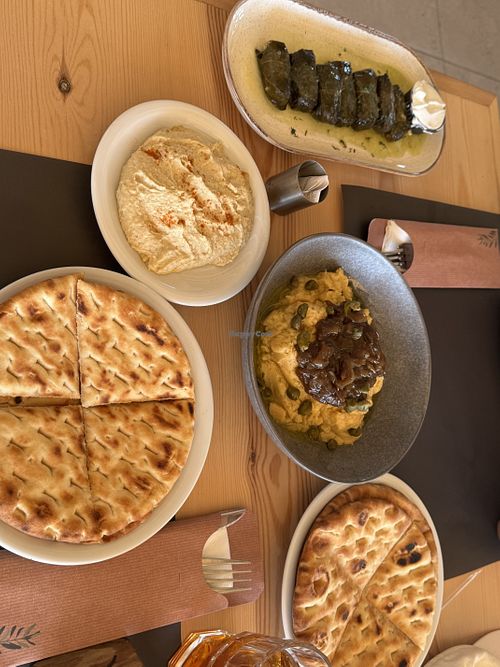 Fava, Pita, Dolmades and Hummus  at Oasis Restaurant Prasonisi  in Rhodes