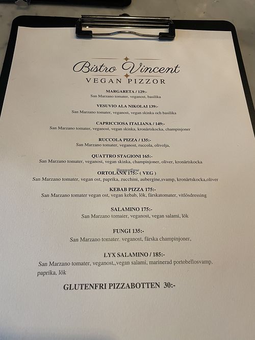 Vegan pizza menu.  at Bistro Vincent wine & beer in Stockholms Län