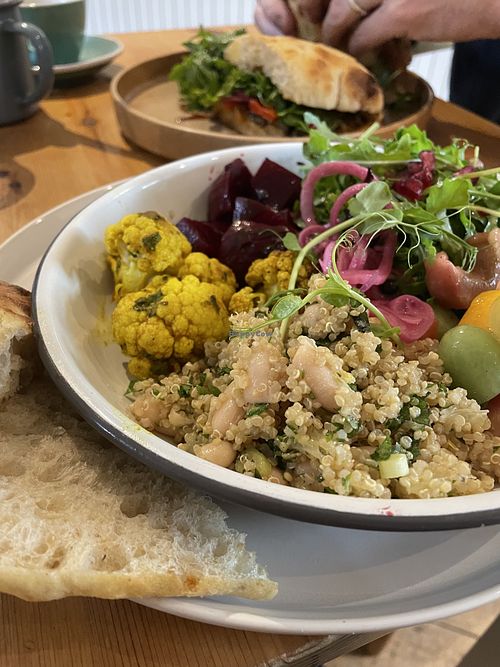 Salad plate and hummus with roasted veg sandwich   at Car & Kitchen in Settle