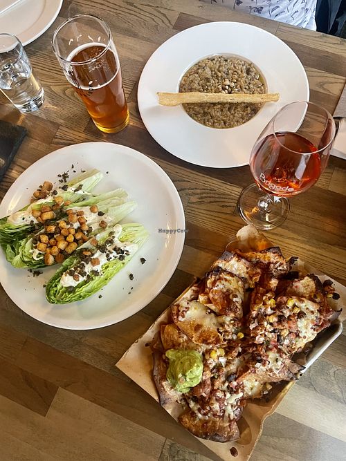 Cauliflower mushroom risotto; Caesar salad wedges; Nachos with tofu chili  at La Brigade 225 in Rimouski