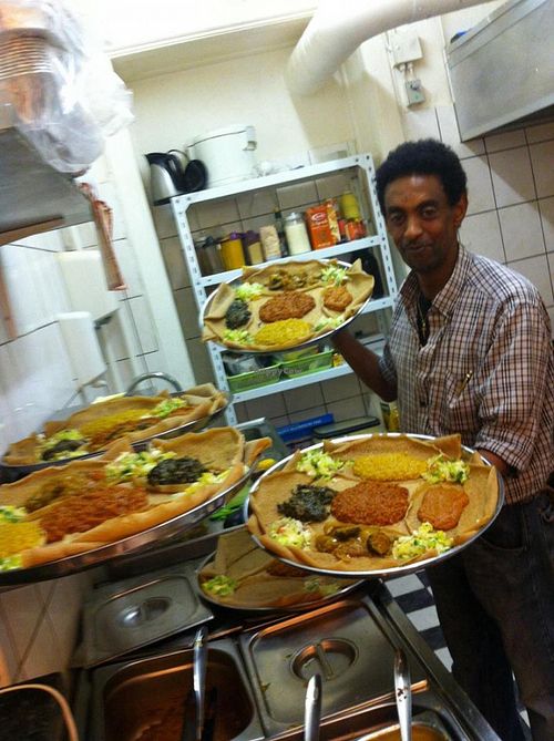 Veggi dishes with Injera Bread at Ma'ed Ethiopian in Copenhagen
