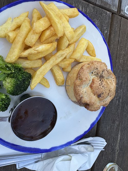 Mushroom and ale pie (vegan chips are oven baked)  at Old Five Bells in Burnham