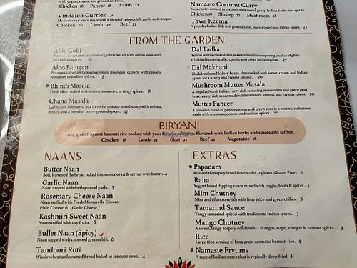 Four vegan entree options on menu  at Namaste Indian in Tupelo