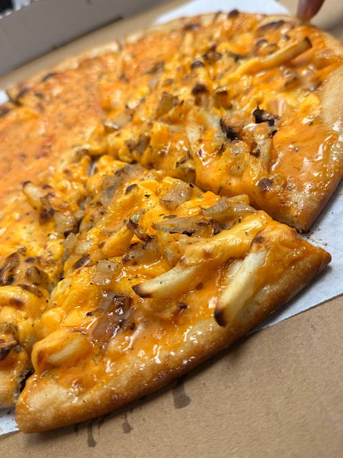 Vegan Secret - (animal style pizza) Vegan cheese, French fries, with secret vegan sauce  (All vegan products are soy free) at On The Run Pizza - Ghost Kitchen in Las Vegas