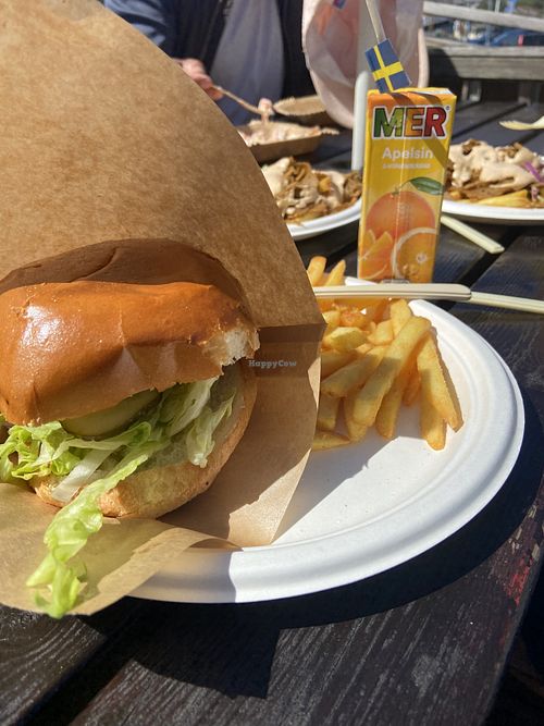 Vegan burger with fries  at Hamngrillen in Västra Götalands Län