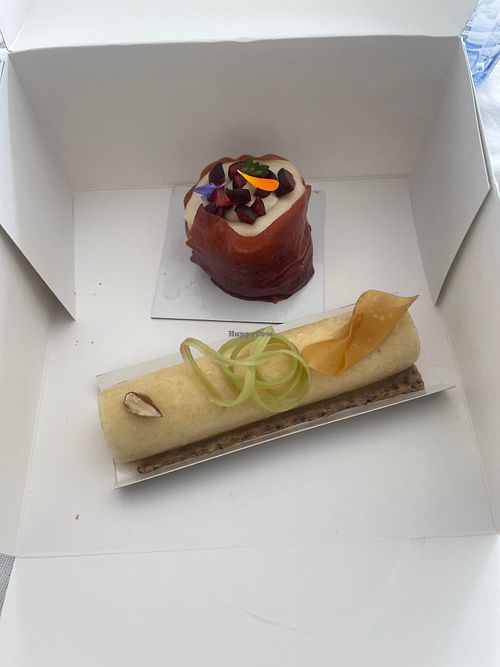 Yuzu mousse with cherries 
Rhubarb pastry with oat and soy cream on an almond oat granola at Le Fournil de La Butte in Plouider