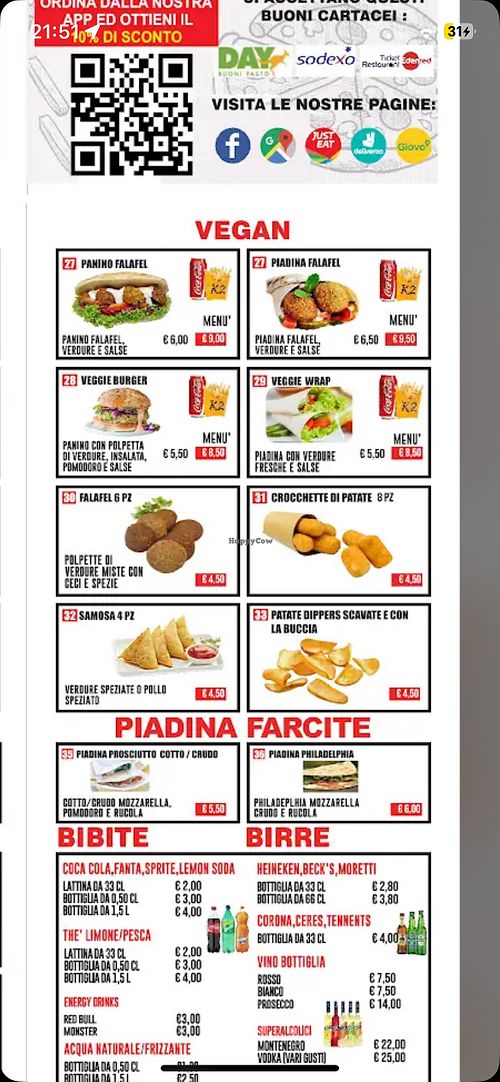 Vegan options clearly marked on the menuu  at K2 Kebab Sottomarina in Veneto