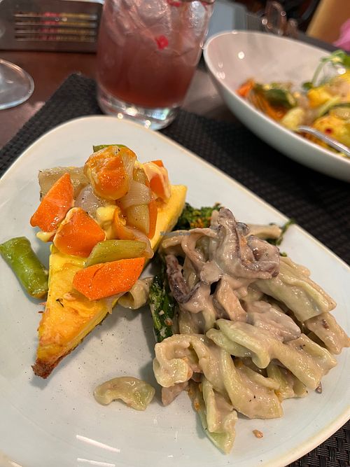 Sunday Vegan Brunch: Frittata with Spring Asparagus and Spinach Fusilli Pasta with Trumpet Mushroom Cream  at Equinox Restaurant in Washington