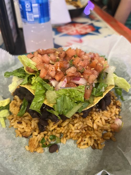 Vegan black bean and rice tostada   at Mexikind Taqueria in North Carolina