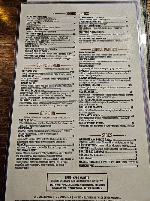 Menu indicates several items with vegan options at Rhein Haus in Denver
