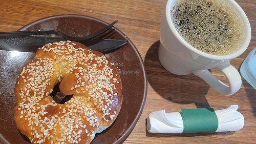Housemade bagel and coffee at Firecreek Coffee Company in Flagstaff