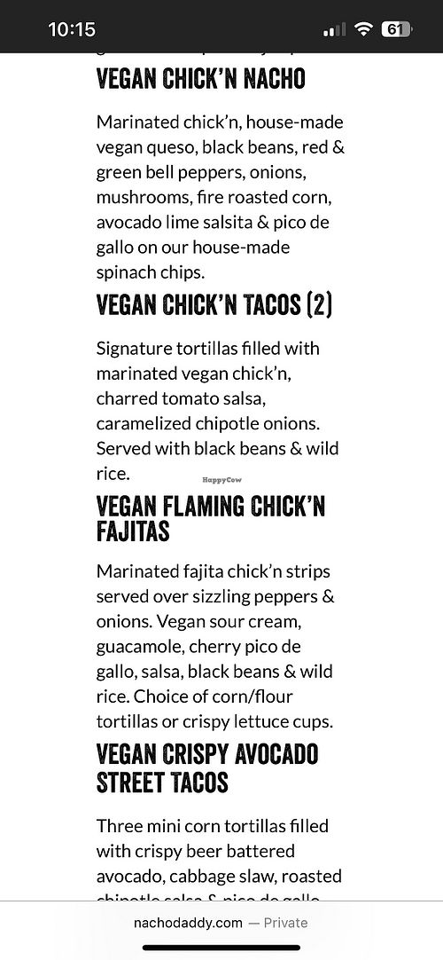 Vegan Menu  at Nacho Daddy in Nashville
