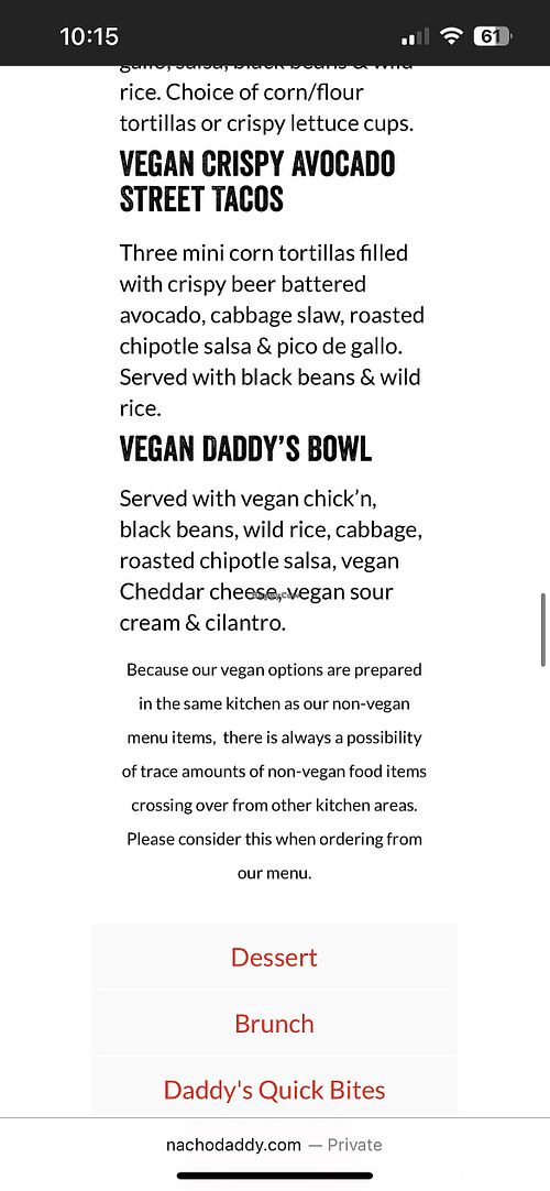 Vegan Menu  at Nacho Daddy in Nashville