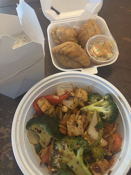 Curry puff, Szechuan Tofu, free side of ricee  at Thai Corner Cuisine in St Charles