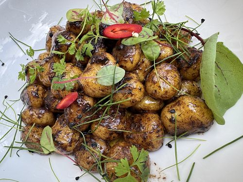 Gnocchi with a black garlic dressing  at Soul Kitchen House in Berlin
