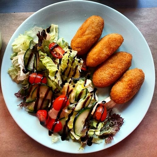 carrot croquettes and salad! at Racimo16 in Gran Canaria