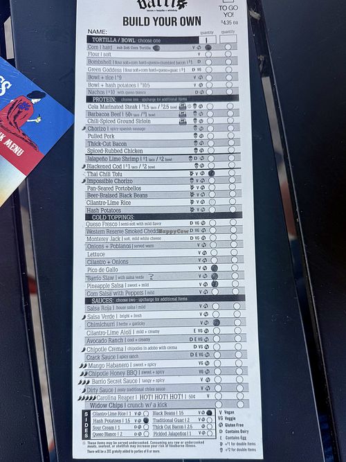Build your own options with clearly marked vegan options (V), vegetarian (VG) as well as Gluten-Free (GF)  at Barrio - South Haven in South Haven