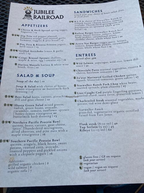 Menu with many items which can easily be made vegan/gluten free at Jubilee Railroad Wilderness Lodge in Dunsmuir