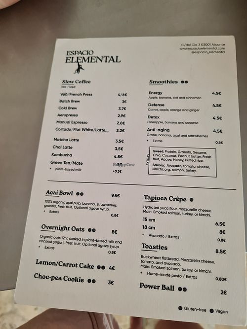 Menu at Espacio Elemental in Alicante