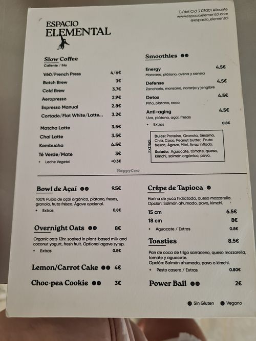 Menu at Espacio Elemental in Alicante