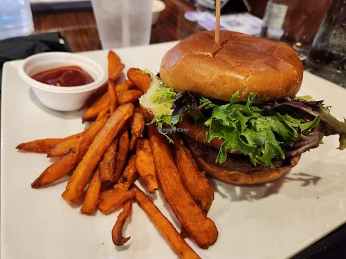 Veggie burger and sweet potato fries at MIA - Shula's Bar & Grill - Concourse D in Miami