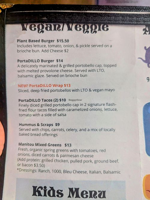 Vegan section on menu at Armadillo Ranch in Manitou Springs