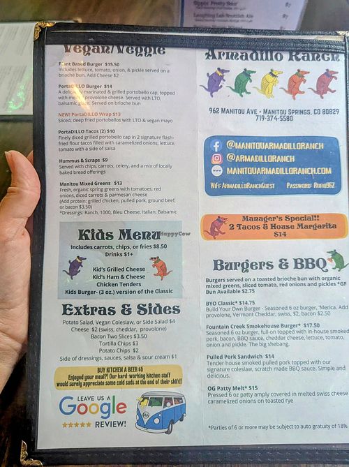 Full vegan menu section at Armadillo Ranch in Manitou Springs