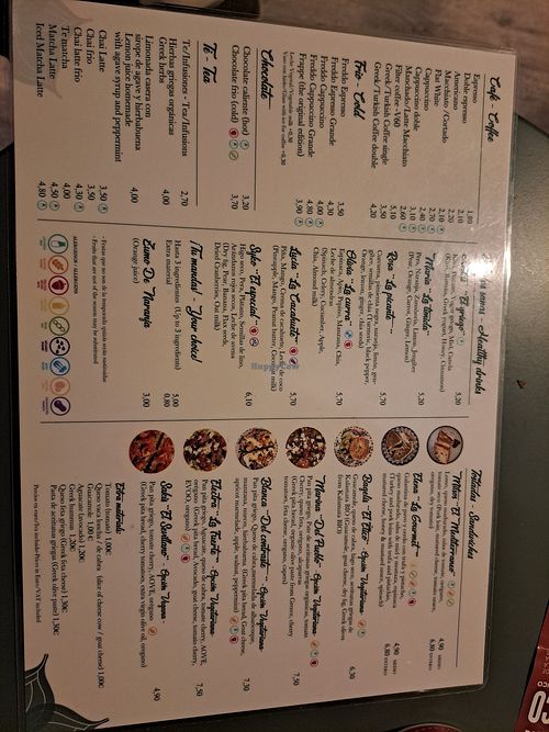 Food menu at Syko Juice & Coffee bar in Sevilla