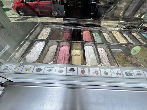 Most of the options labeled as “Fruchteis” were vegan according to the waiter, including “Bitterschokolade”.  at Eiscafe la Gondola in Goerlitz