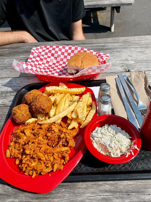 Soy curl barbecue platter in the front and soy curl bbq burger in the back… vegan carb explosion!  at Bob's Dairyland in Roan Mountain